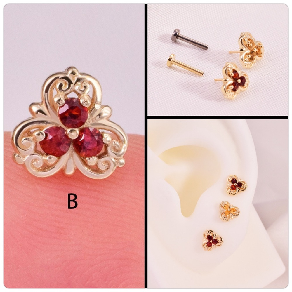 14K Solid Gold Garnet Flower 20G Threadless Push Pin (Flat Back)